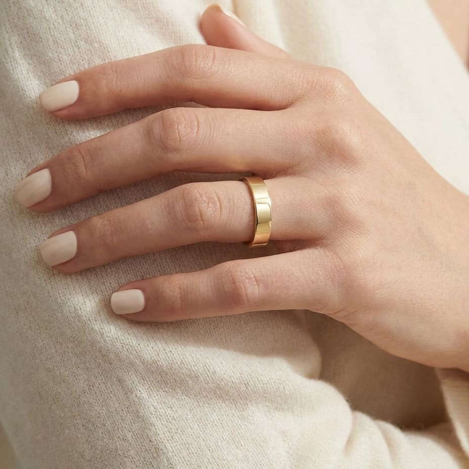 4mm Traditional Flat Wedding Band in 14K Yellow Gold, worn on hand, close-up