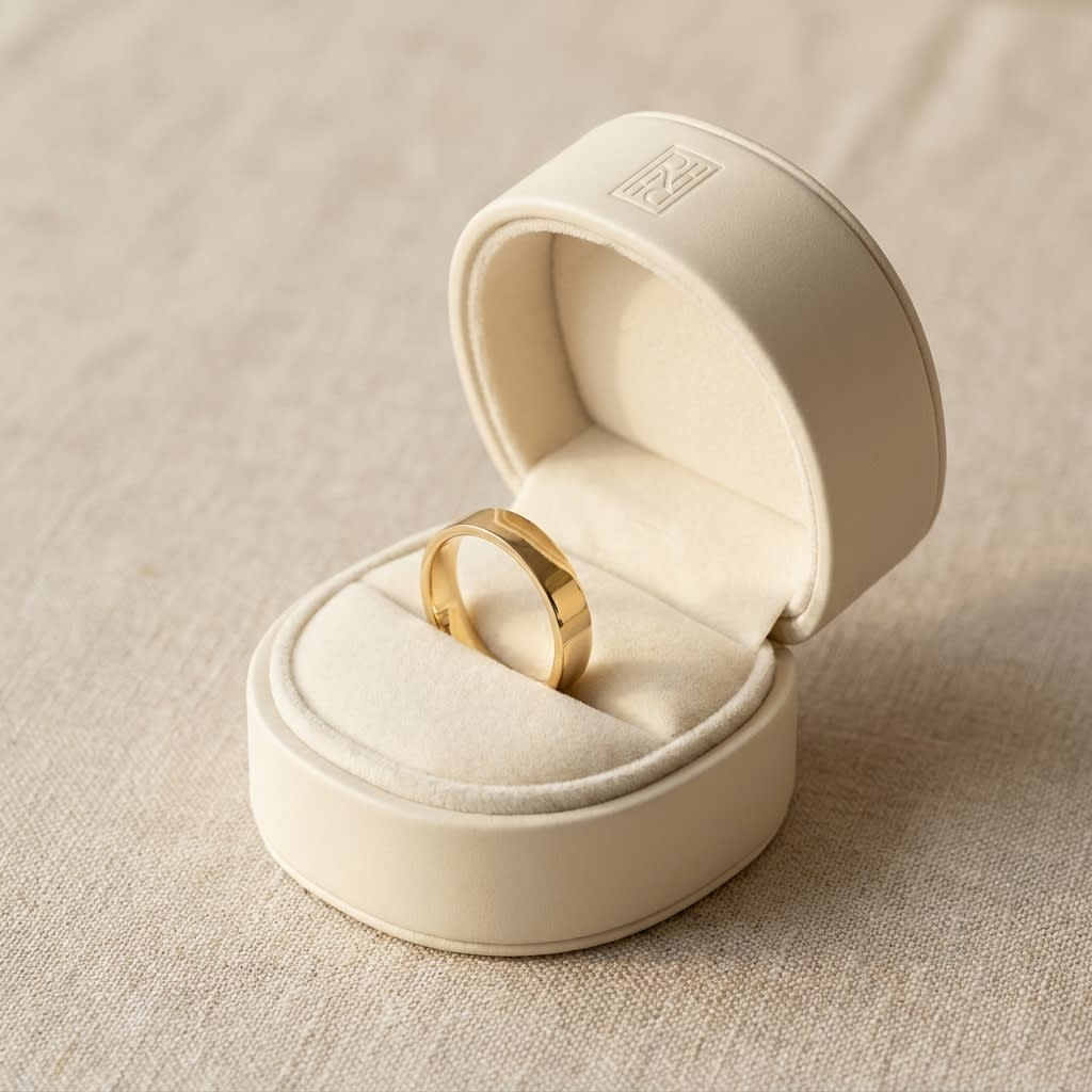 4mm Traditional Flat Wedding Band in 14K Yellow Gold, in navy velvet jewelry box