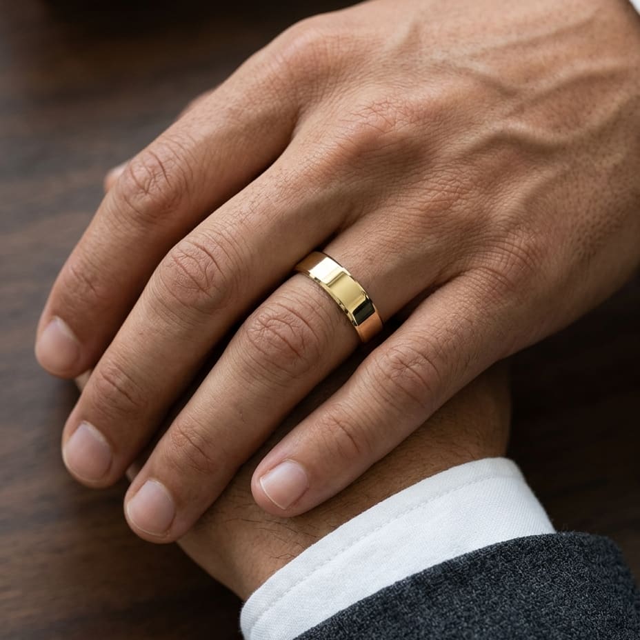 5mm Traditional Flat Wedding Band in 14K Yellow Gold, worn on hand, masculine close-up