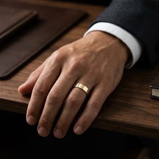 5mm Traditional Flat Wedding Band in 14K Yellow Gold, worn on hand, masculine full view