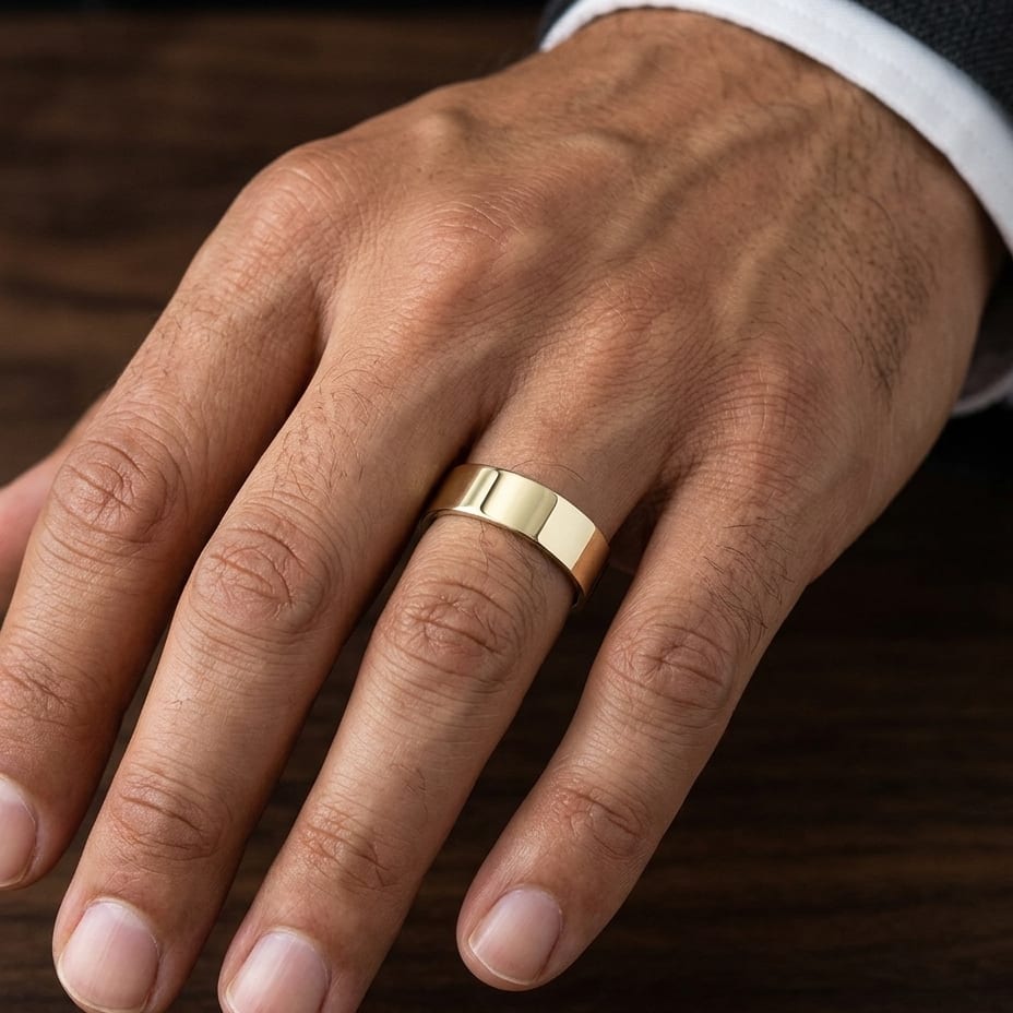 6mm Traditional Flat Wedding Band in 14K Yellow Gold, worn on hand, masculine close-up