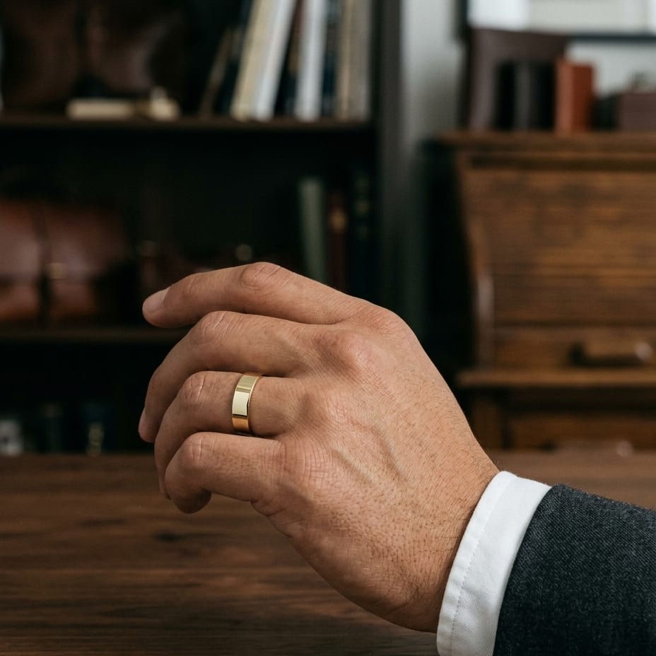 6mm Traditional Flat Wedding Band in 14K Yellow Gold, worn on hand, masculine full view