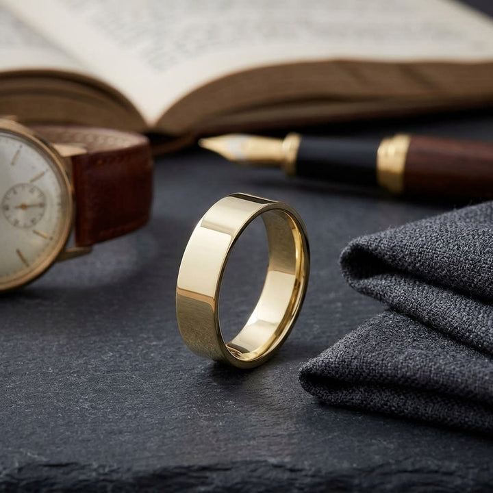 6mm Traditional Flat Wedding Band in 14K Yellow Gold, on walnut surface with pocket square