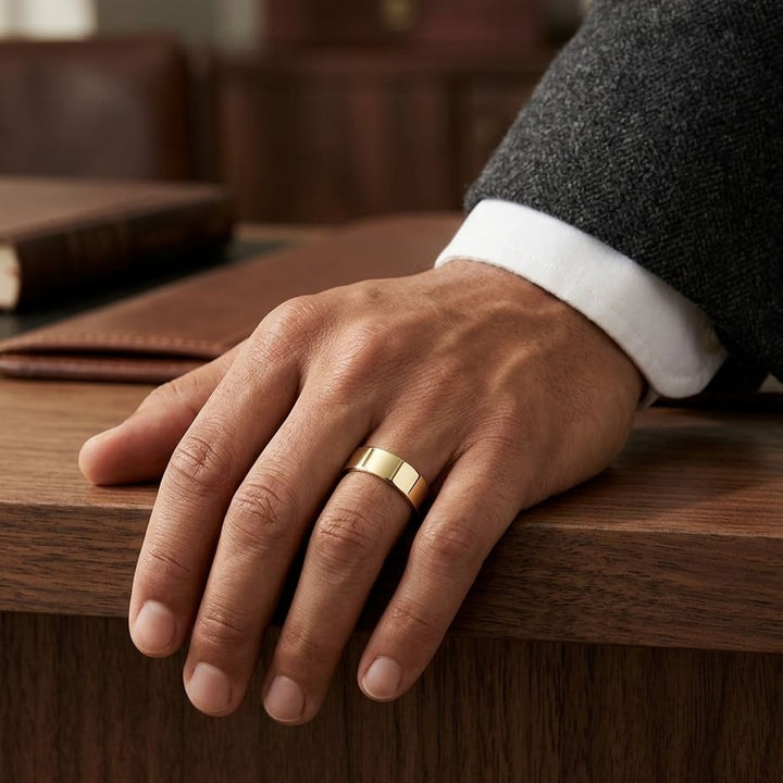 8mm Traditional Flat Wedding Band in 14K Yellow Gold, worn on hand, masculine full view