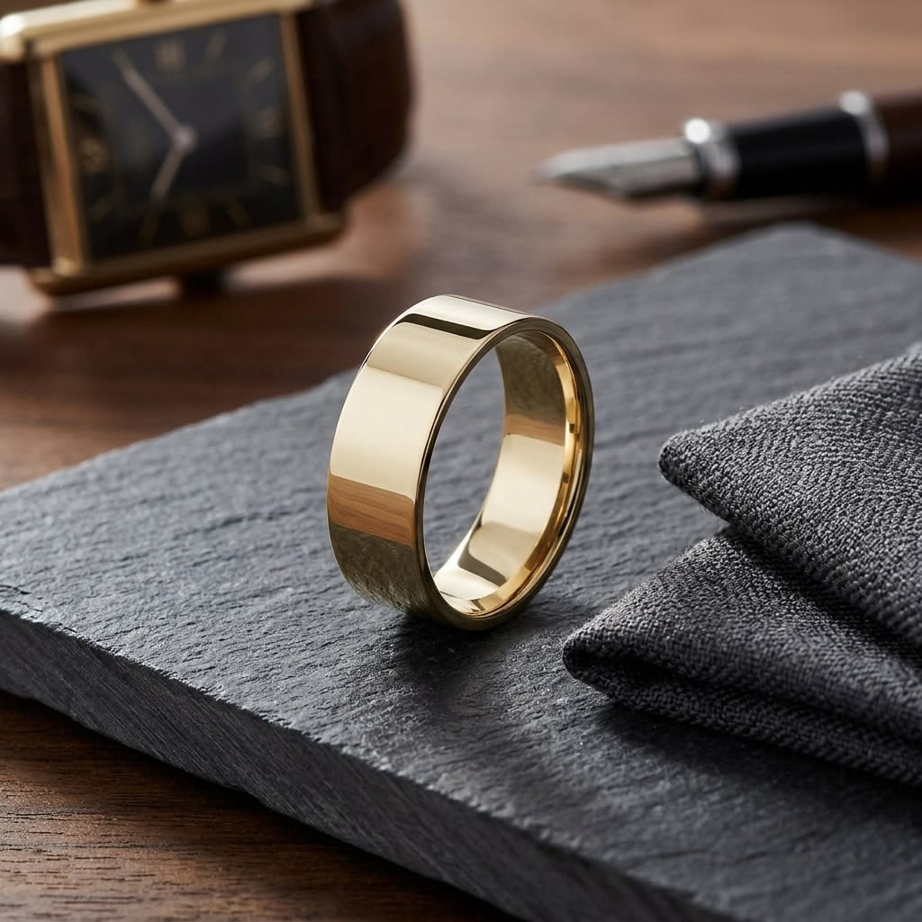 8mm Traditional Flat Wedding Band in 14K Yellow Gold, on walnut surface with pocket square