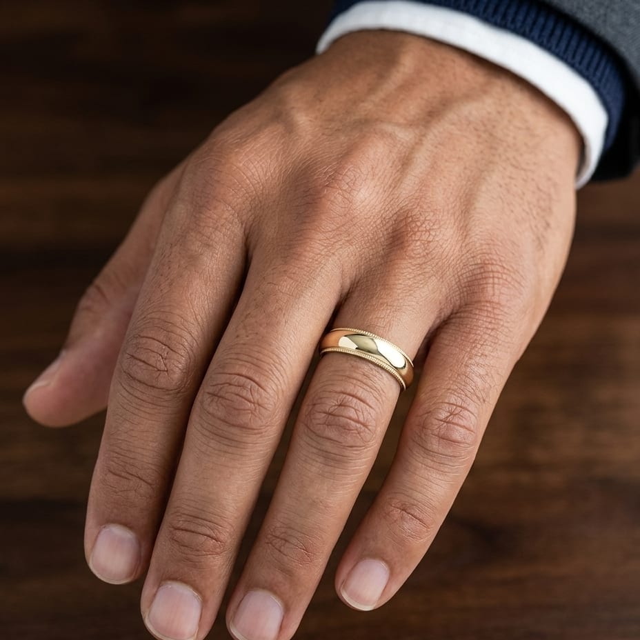 6mm Slightly Domed Traditional Oval Milgrain Wedding Band in 14K Yellow Gold, worn on hand, masculine close-up