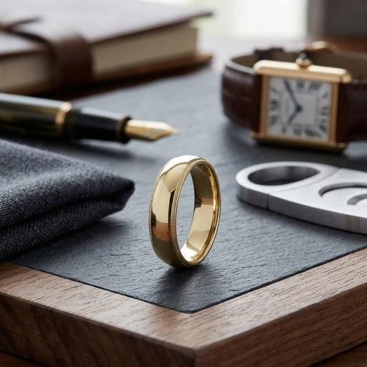 6mm Slightly Domed Traditional Oval Milgrain Wedding Band in 14K Yellow Gold, on walnut surface with pocket square