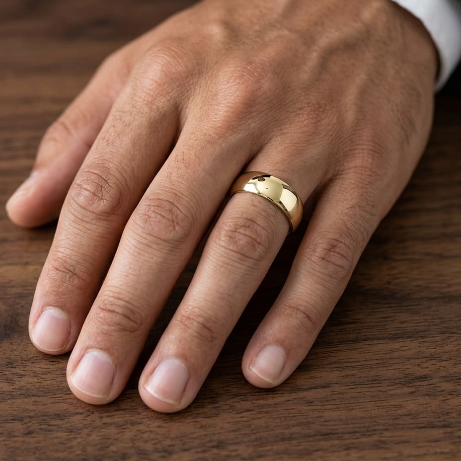 10mm Slightly Domed Traditional Oval Wedding Band in 14K Yellow Gold, worn on hand, masculine close-up