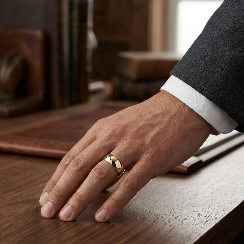 10mm Slightly Domed Traditional Oval Wedding Band in 14K Yellow Gold, worn on hand, masculine full view