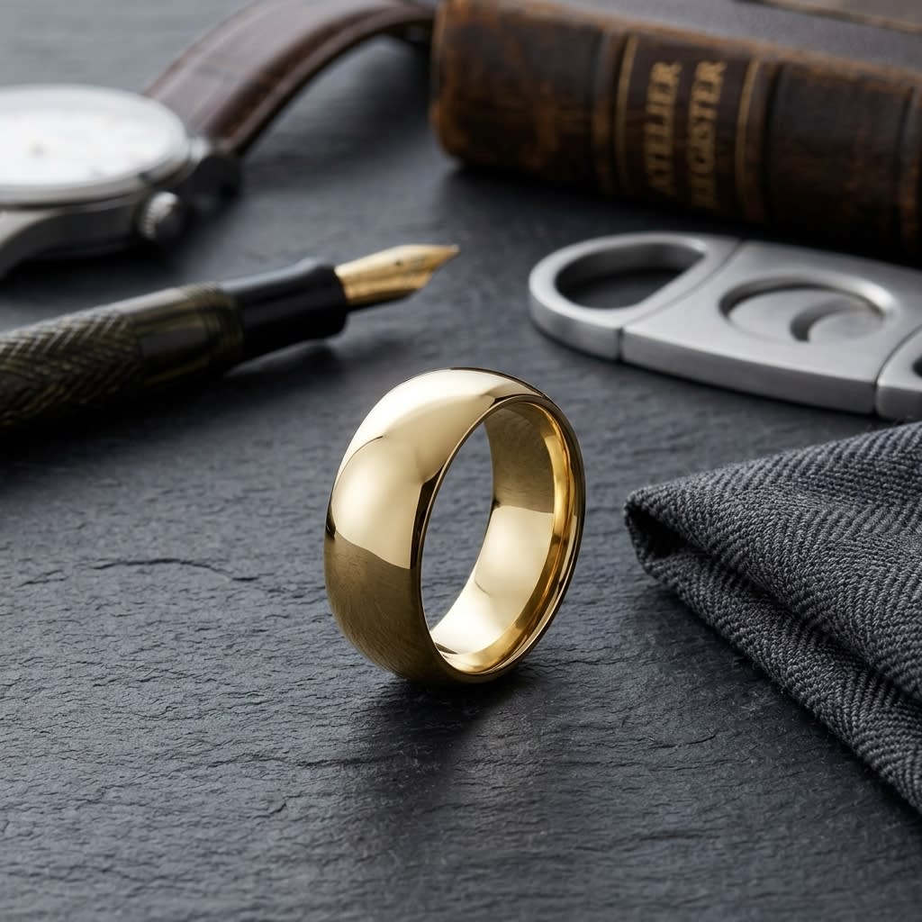 10mm Slightly Domed Traditional Oval Wedding Band in 14K Yellow Gold, on walnut surface with pocket square