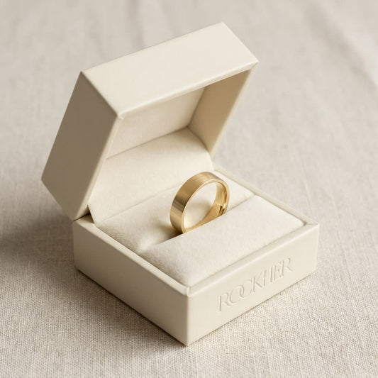 4mm Flat Comfort-Fit Wedding Band in 14K Yellow Gold, in navy velvet jewelry box