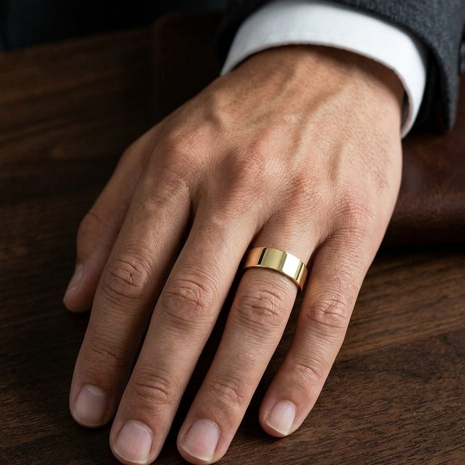 8mm Flat Comfort-Fit Wedding Band in 14K Yellow Gold, worn on hand, masculine close-up