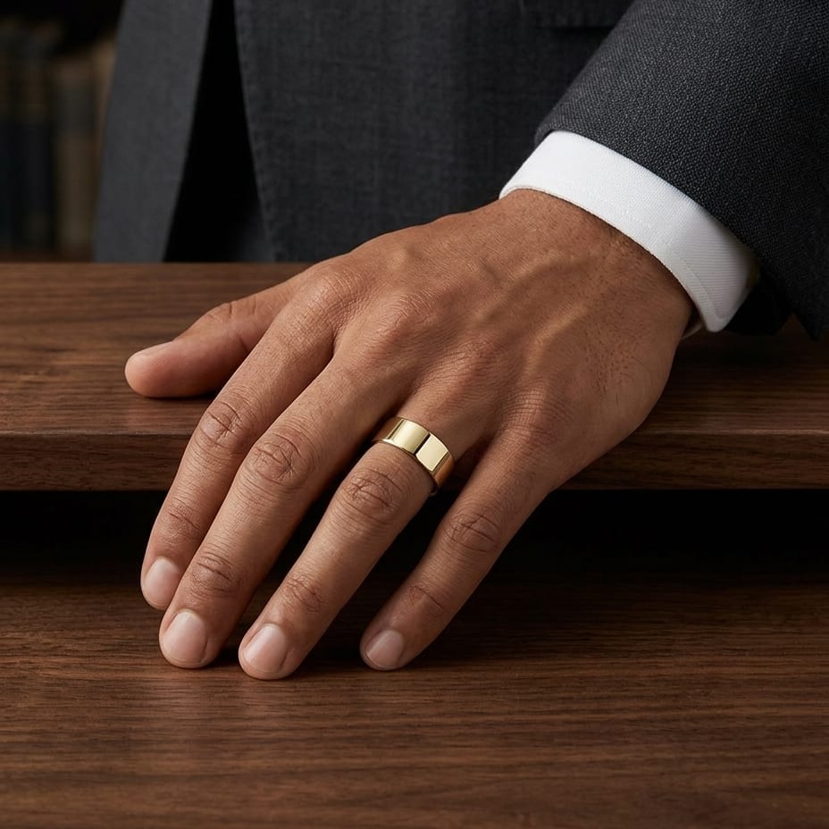 8mm Flat Comfort-Fit Wedding Band in 14K Yellow Gold, worn on hand, masculine full view