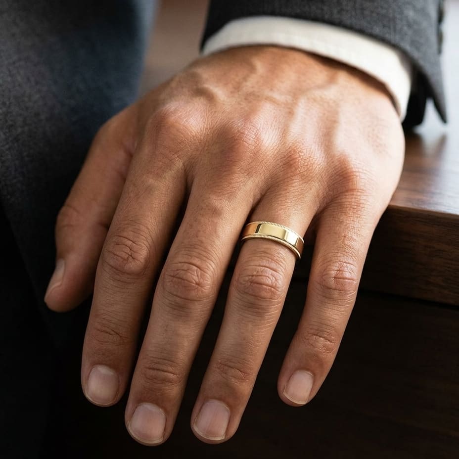 6mm Flat Milgrain Comfort-Fit Wedding Band in 14K Yellow Gold, worn on hand, masculine close-up
