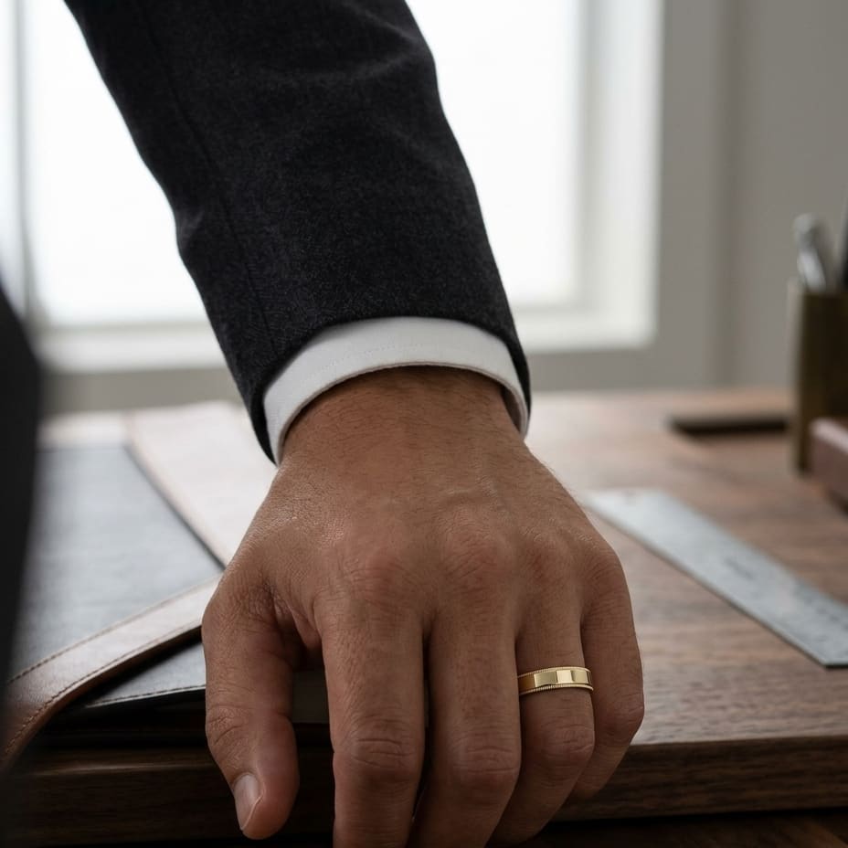 6mm Flat Milgrain Comfort-Fit Wedding Band in 14K Yellow Gold, worn on hand, masculine full view