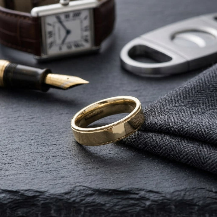 6mm Flat Milgrain Comfort-Fit Wedding Band in 14K Yellow Gold, on walnut surface with pocket square
