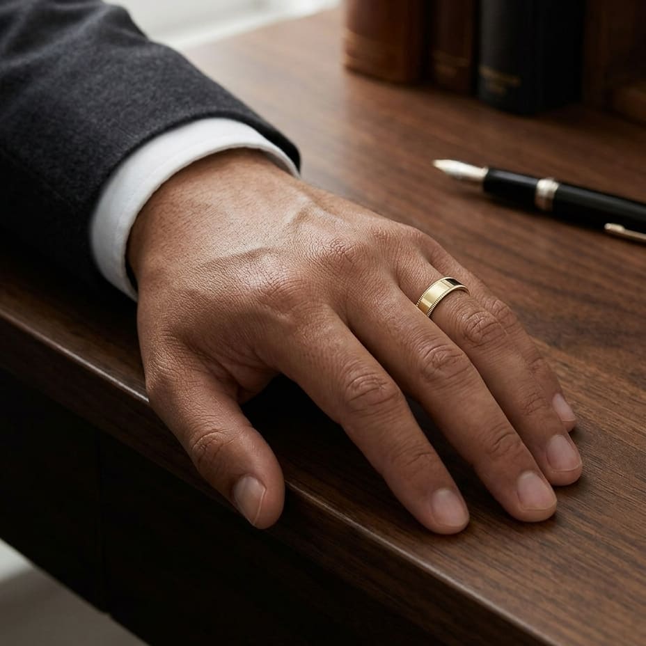8mm Flat Milgrain Comfort-Fit Wedding Band in 14K Yellow Gold, worn on hand, masculine full view