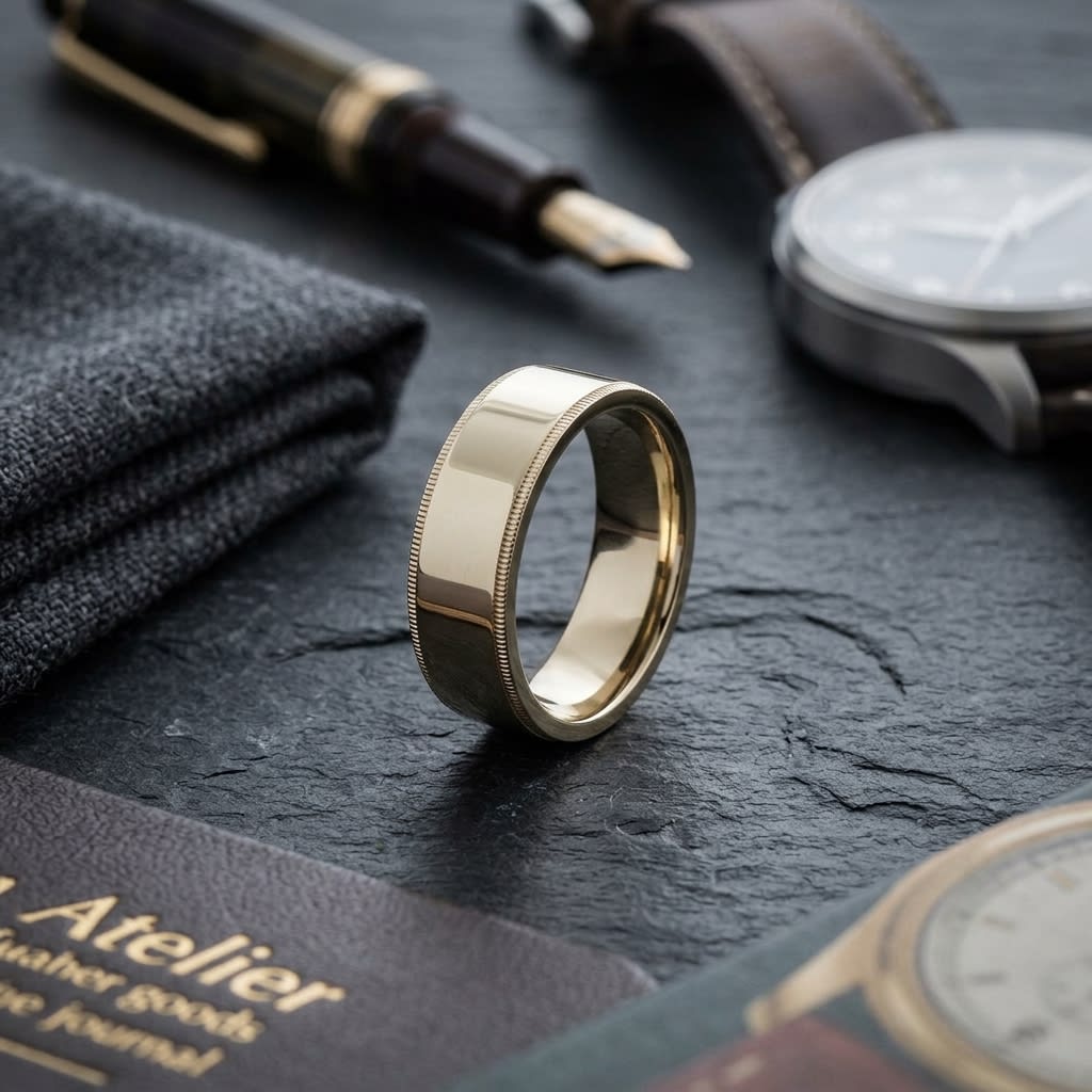 8mm Flat Milgrain Comfort-Fit Wedding Band in 14K Yellow Gold, on walnut surface with pocket square