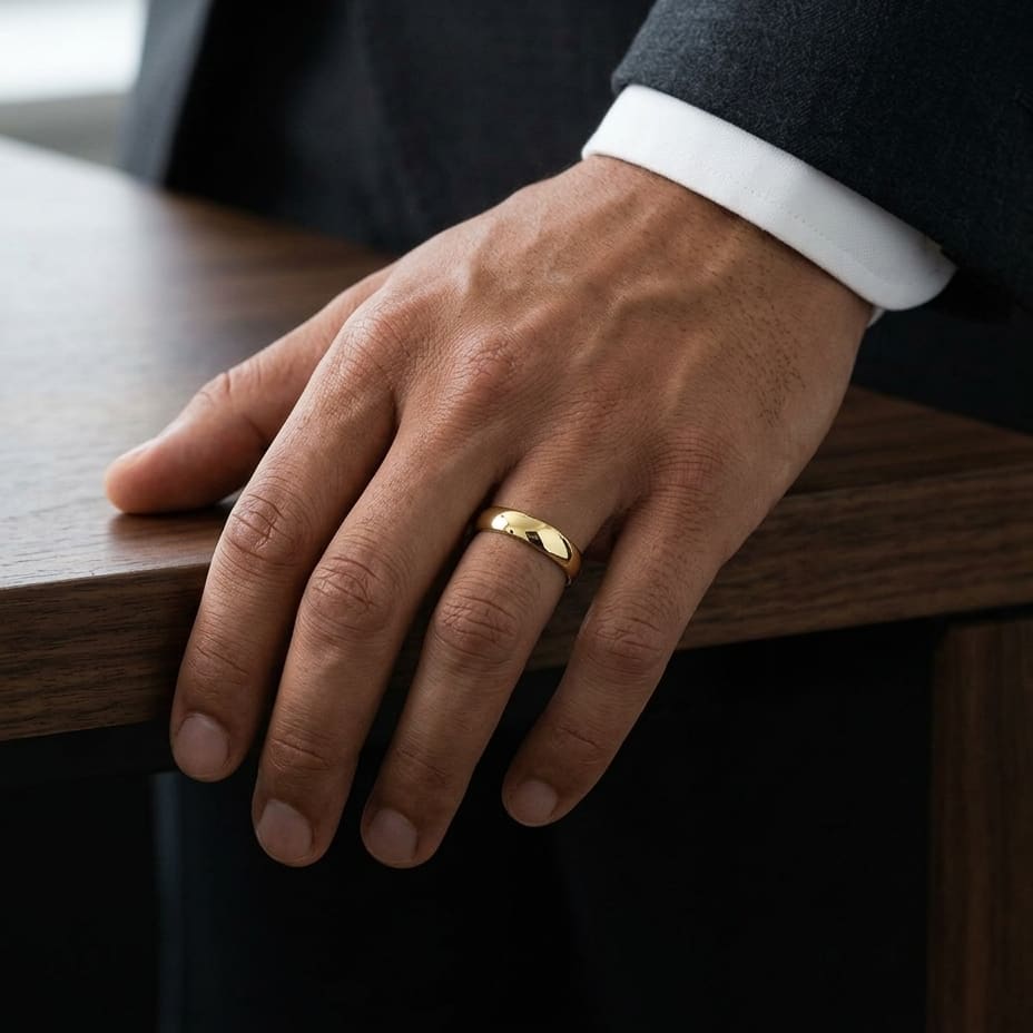 4.5mm Deluxe Comfort-Fit Wedding Band in 14K Yellow Gold, worn on hand, masculine full view