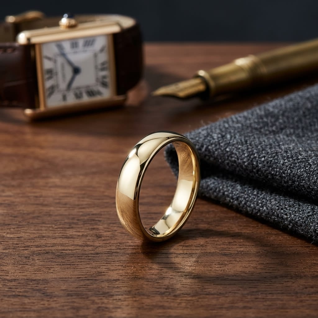 4.5mm Deluxe Comfort-Fit Wedding Band in 14K Yellow Gold, on walnut surface with pocket square