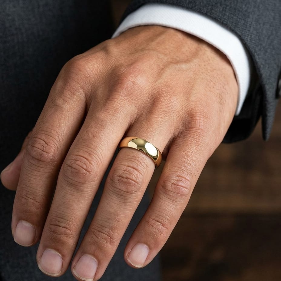 6.5mm Deluxe Comfort-Fit Wedding Band in 14K Yellow Gold, worn on hand, masculine close-up