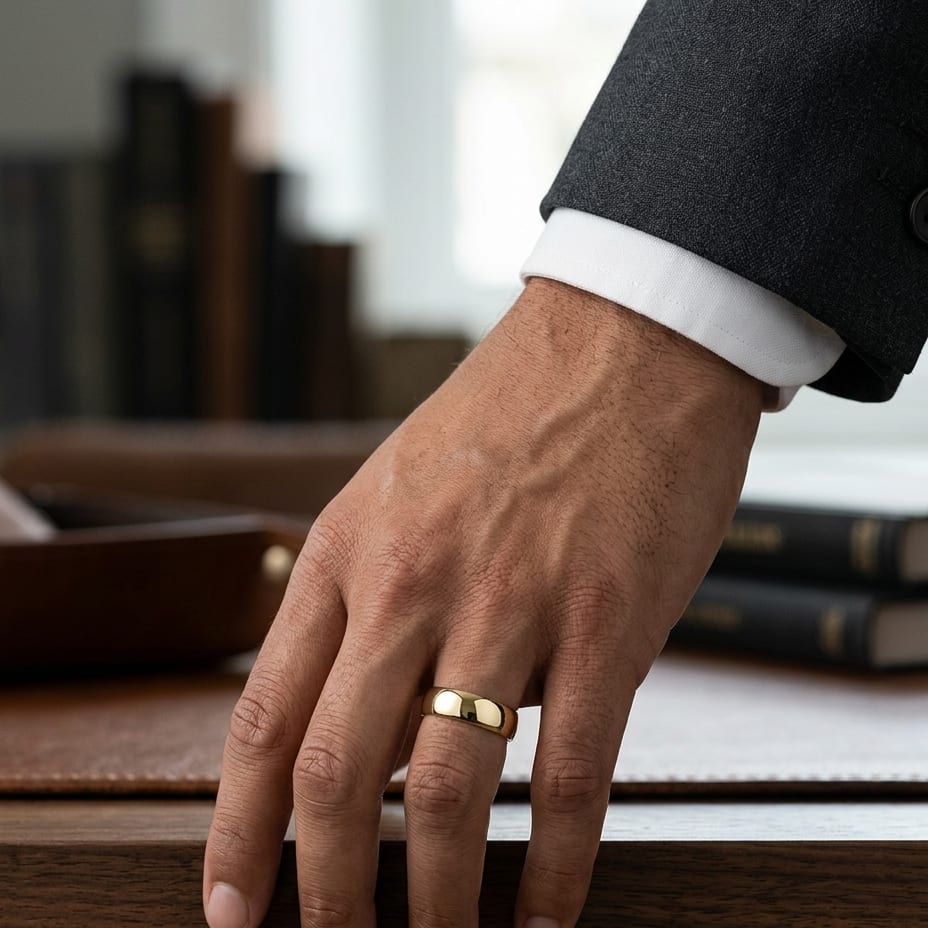 6.5mm Deluxe Comfort-Fit Wedding Band in 14K Yellow Gold, worn on hand, masculine full view