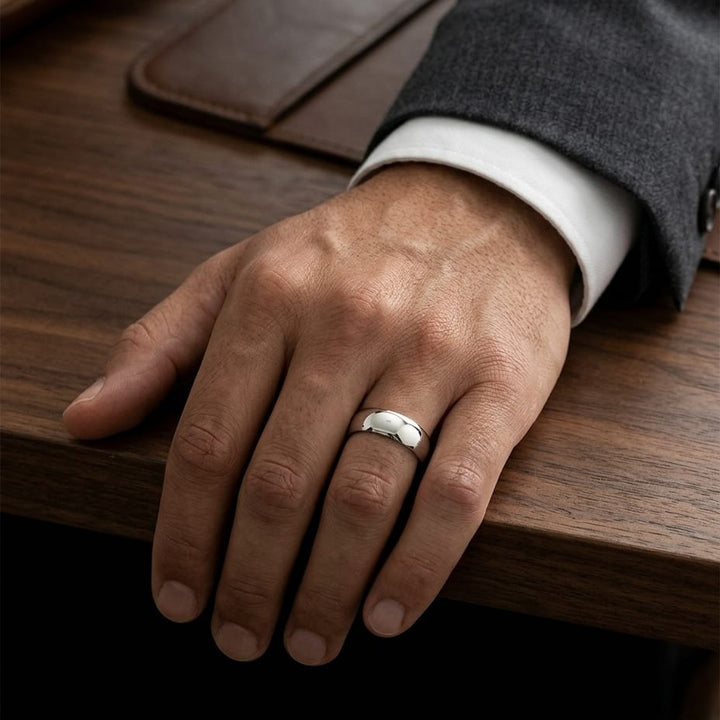 10mm High Dome Comfort-Fit Wedding Band in 14K Yellow Gold, worn on hand, masculine full view