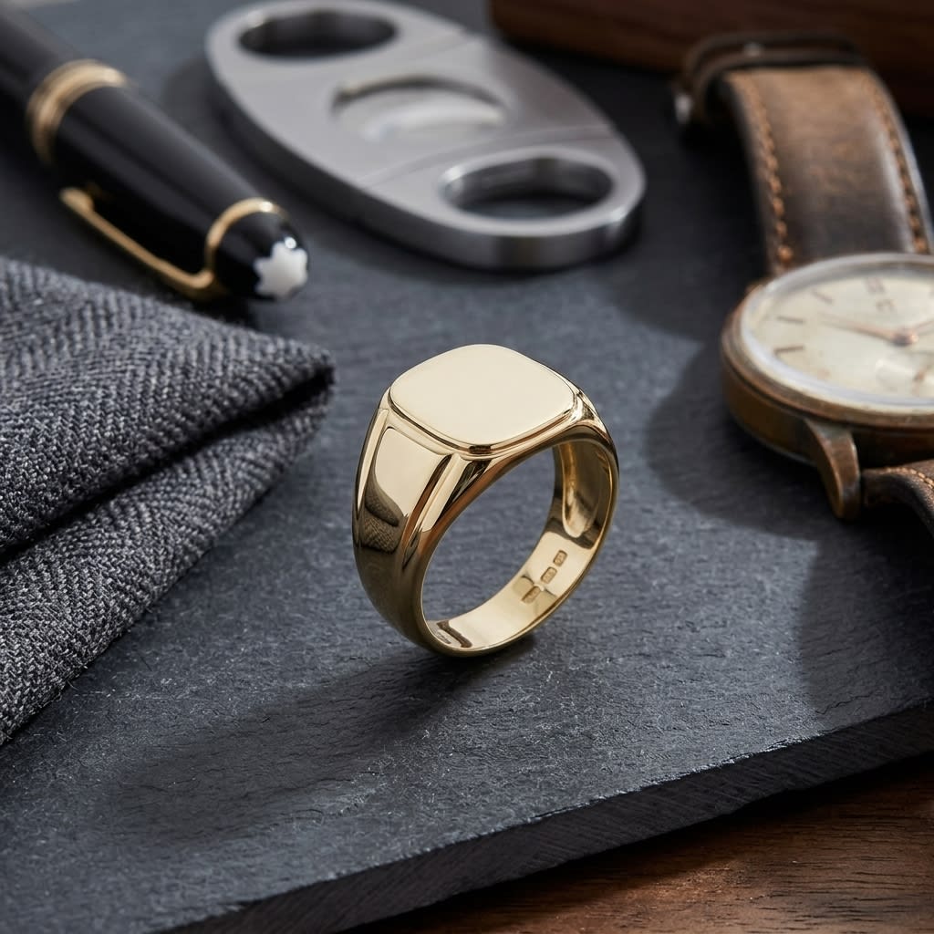 10mm High Dome Comfort-Fit Wedding Band in 14K Yellow Gold, on walnut surface with pocket square