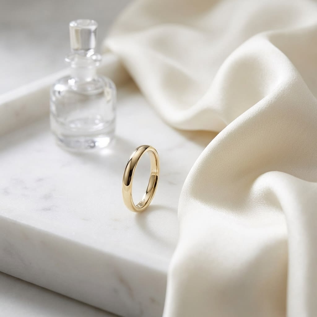 3mm High Dome Comfort-Fit Wedding Band in 14K Yellow Gold, on marble vanity tray with silk