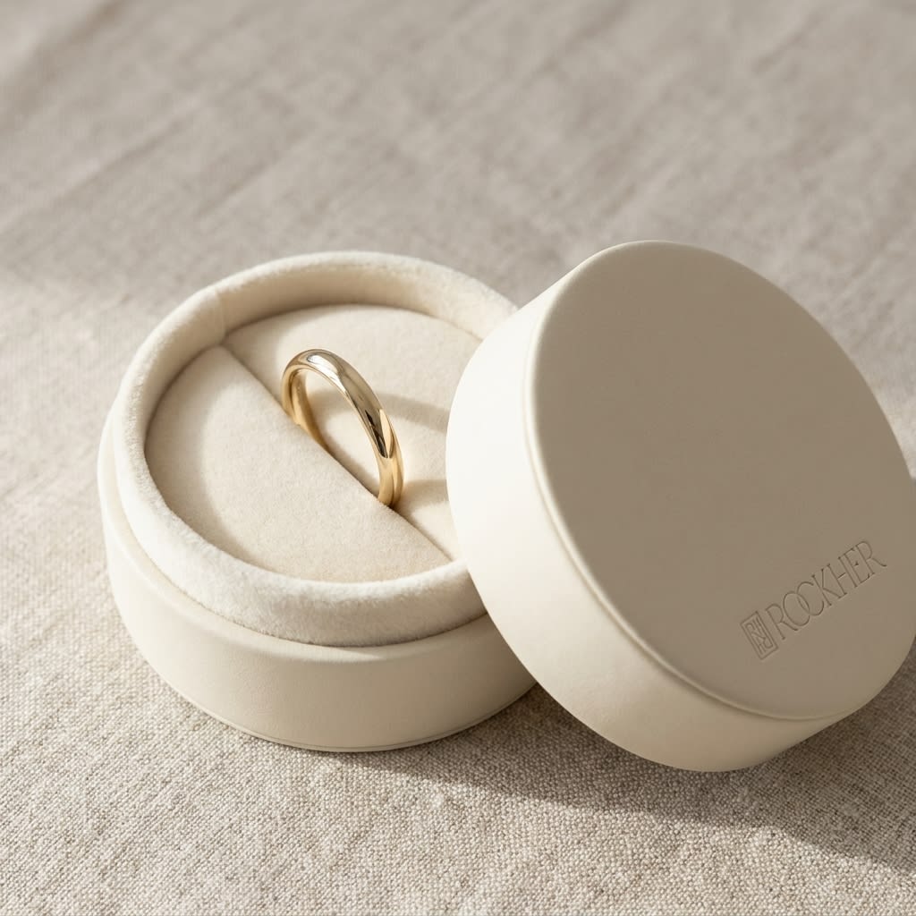 3mm High Dome Comfort-Fit Wedding Band in 14K Yellow Gold, in navy velvet jewelry box