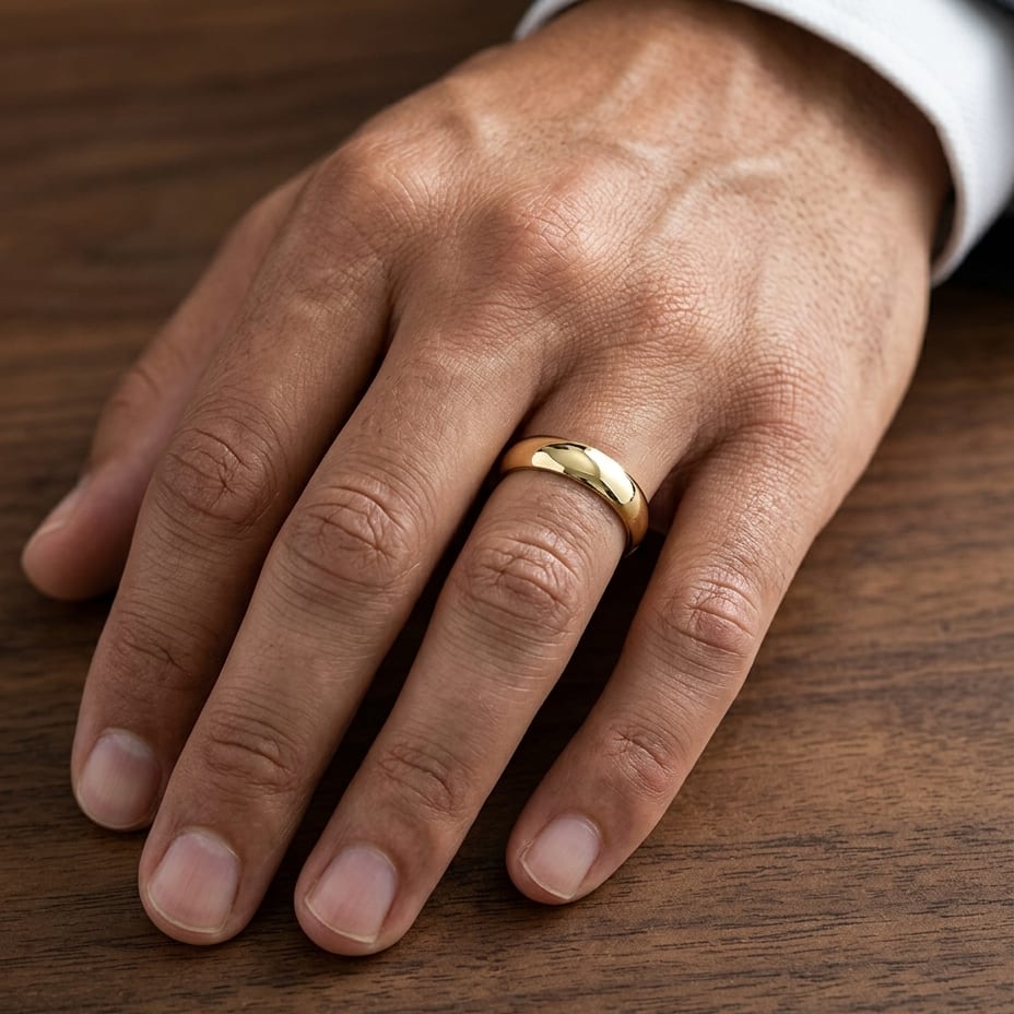 5mm High Dome Comfort-Fit Wedding Band in 14K Yellow Gold, worn on hand, masculine close-up