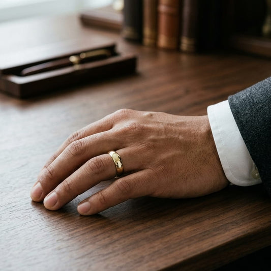 5mm High Dome Comfort-Fit Wedding Band in 14K Yellow Gold, worn on hand, masculine full view