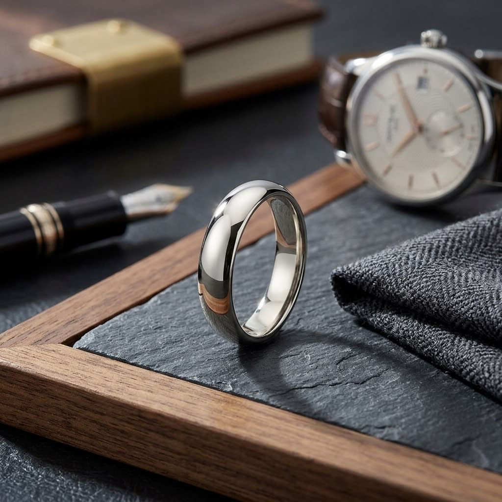 5mm High Dome Comfort-Fit Wedding Band in 14K Yellow Gold, on walnut surface with pocket square