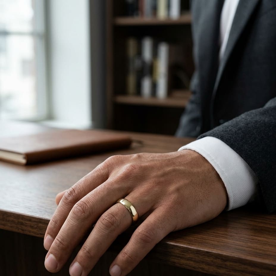 6mm High Dome Comfort-Fit Wedding Band in 14K Yellow Gold, worn on hand, masculine full view