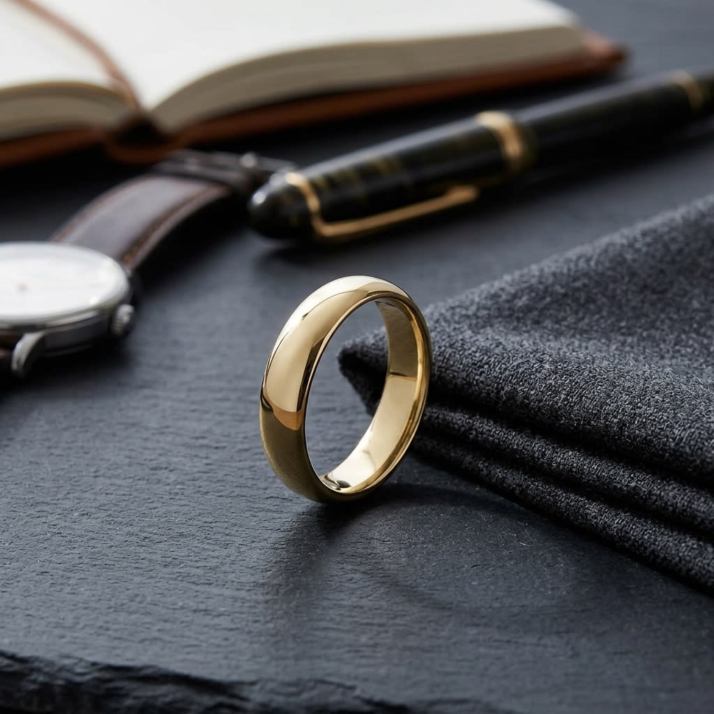 6mm High Dome Comfort-Fit Wedding Band in 14K Yellow Gold, on walnut surface with pocket square