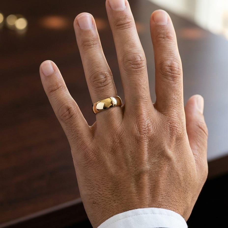 7mm High Dome Comfort-Fit Wedding Band in 14K Yellow Gold, worn on hand, masculine close-up