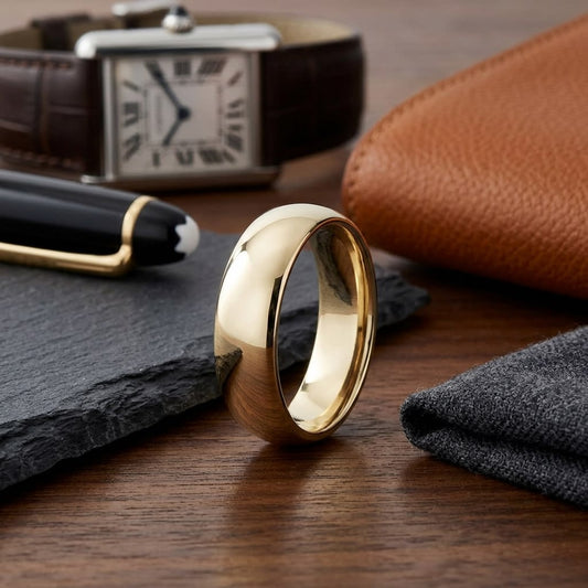 7mm High Dome Comfort-Fit Wedding Band in 14K Yellow Gold, on walnut surface with pocket square