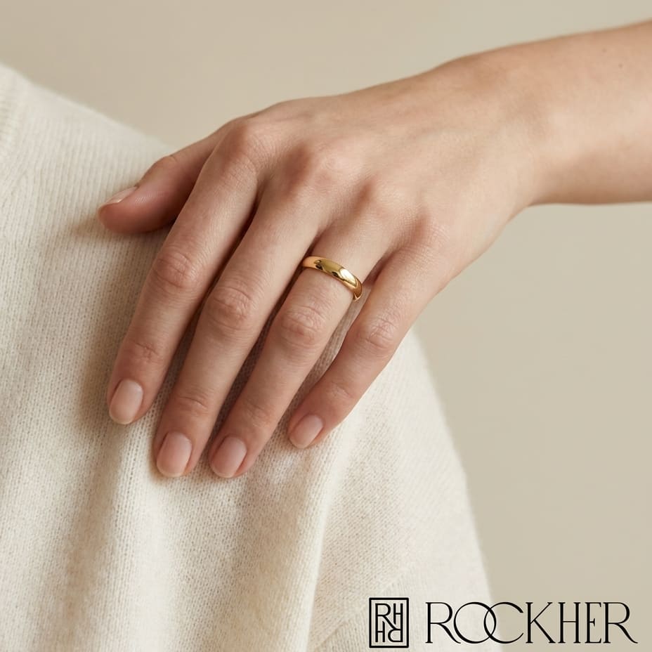 3mm Low Dome Wedding Band in 14K Yellow Gold, worn on hand, full view