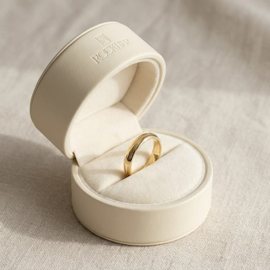 3mm Low Dome Wedding Band in 14K Yellow Gold, in navy velvet jewelry box