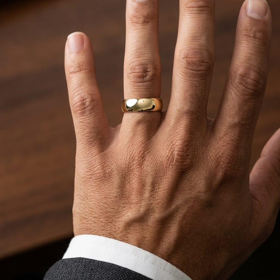 6mm Low Dome Wedding Band in 14K Yellow Gold, worn on hand, masculine close-up