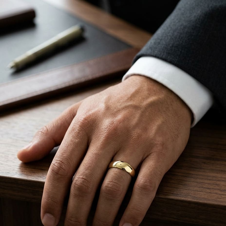 6mm Low Dome Wedding Band in 14K Yellow Gold, worn on hand, masculine full view