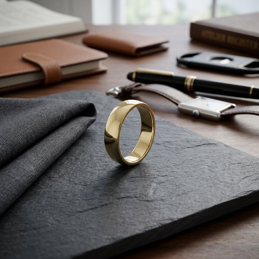 6mm Low Dome Wedding Band in 14K Yellow Gold, on walnut surface with pocket square