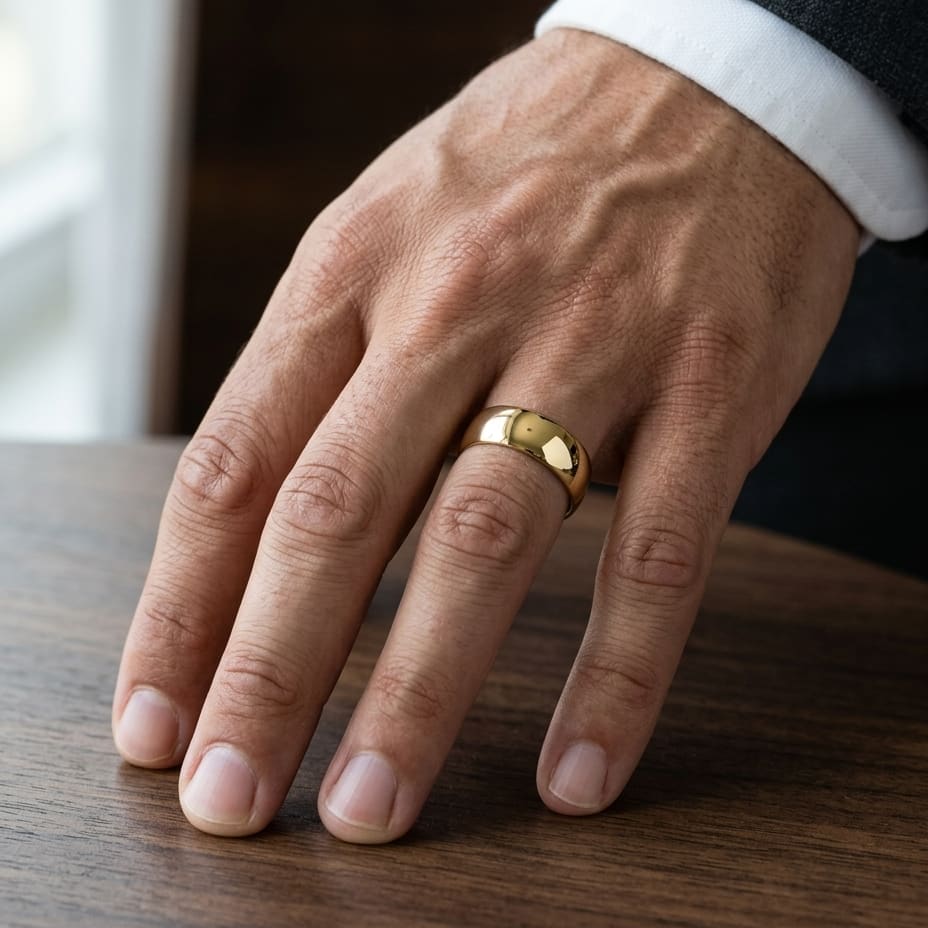 7mm Low Dome Wedding Band in 14K Yellow Gold, worn on hand, masculine close-up