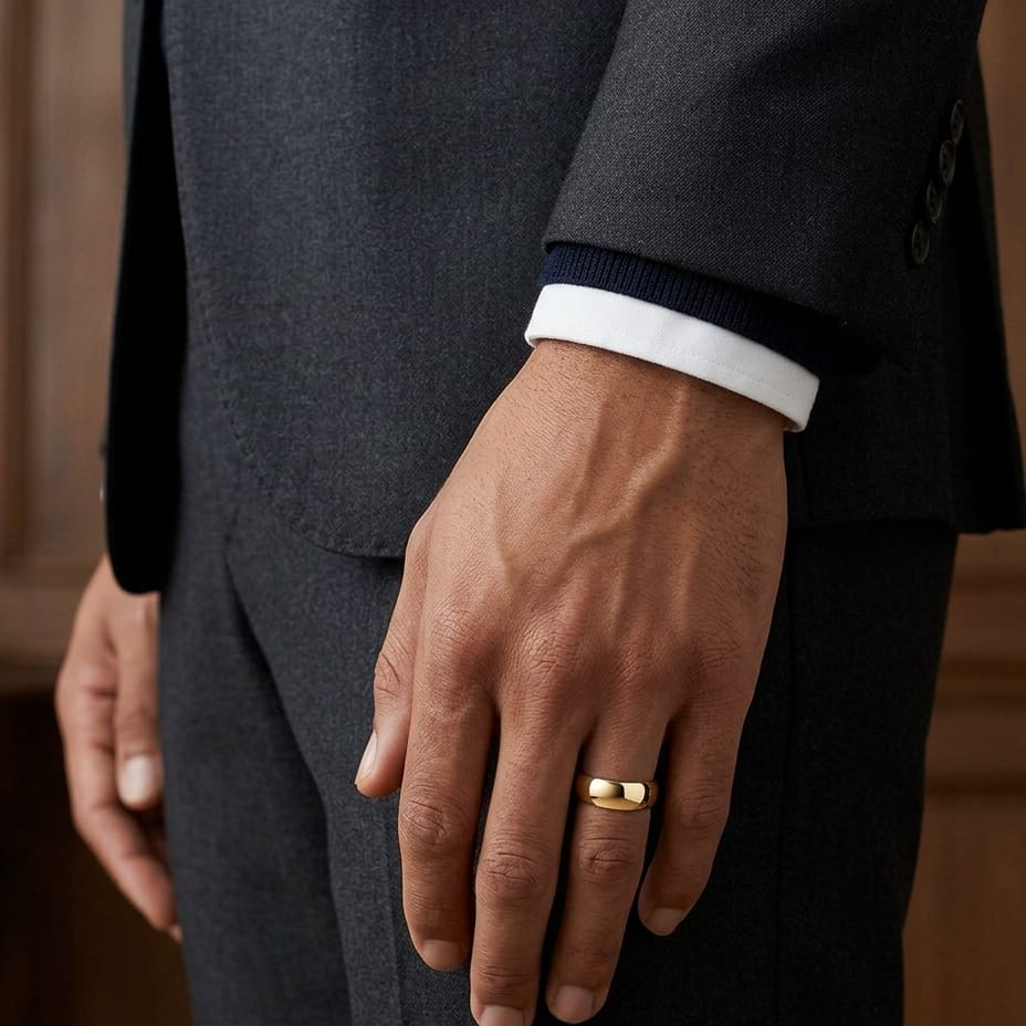 7mm Low Dome Wedding Band in 14K Yellow Gold, worn on hand, masculine full view