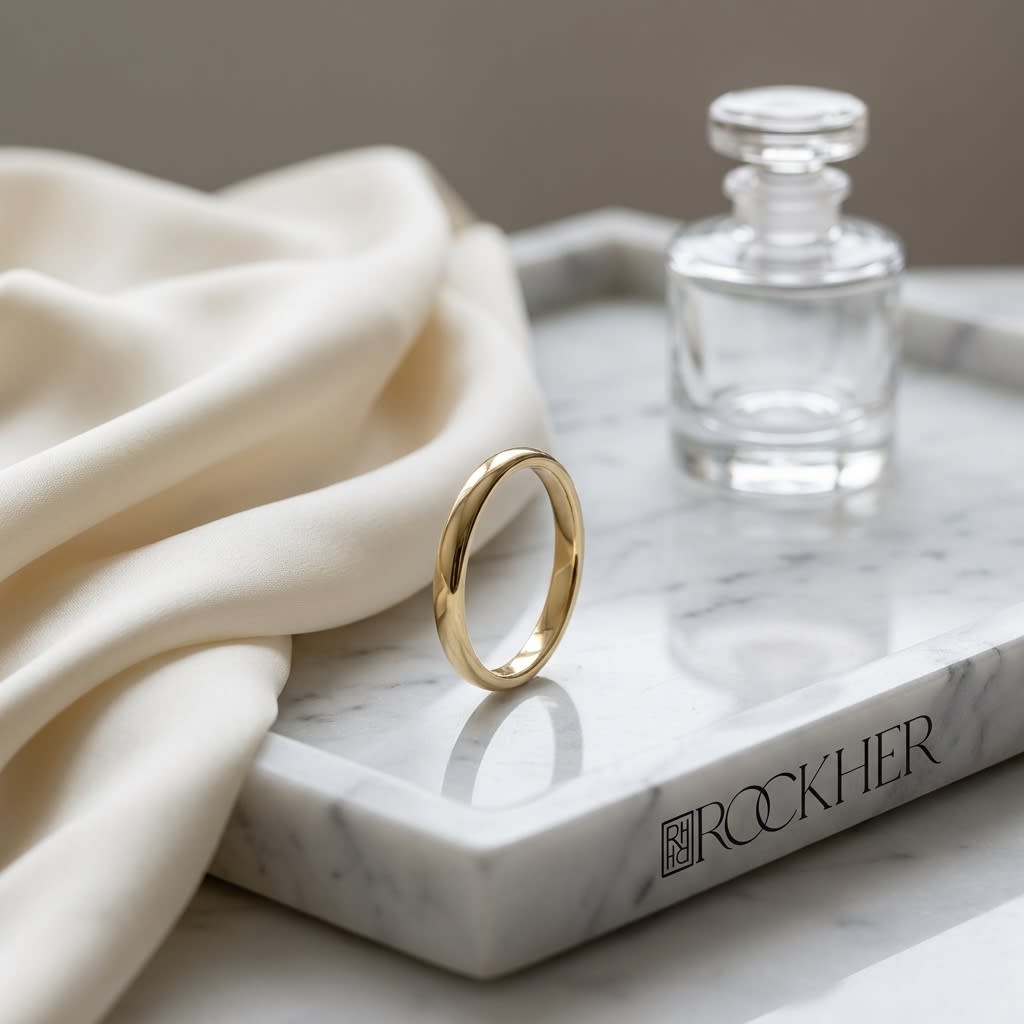 2mm Slightly Domed Comfort-Fit Wedding Band in 14K Yellow Gold, on marble vanity tray with silk