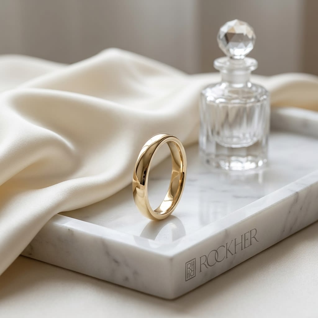 3mm Slightly Domed Comfort-Fit Wedding Band in 14K Yellow Gold, on marble vanity tray with silk