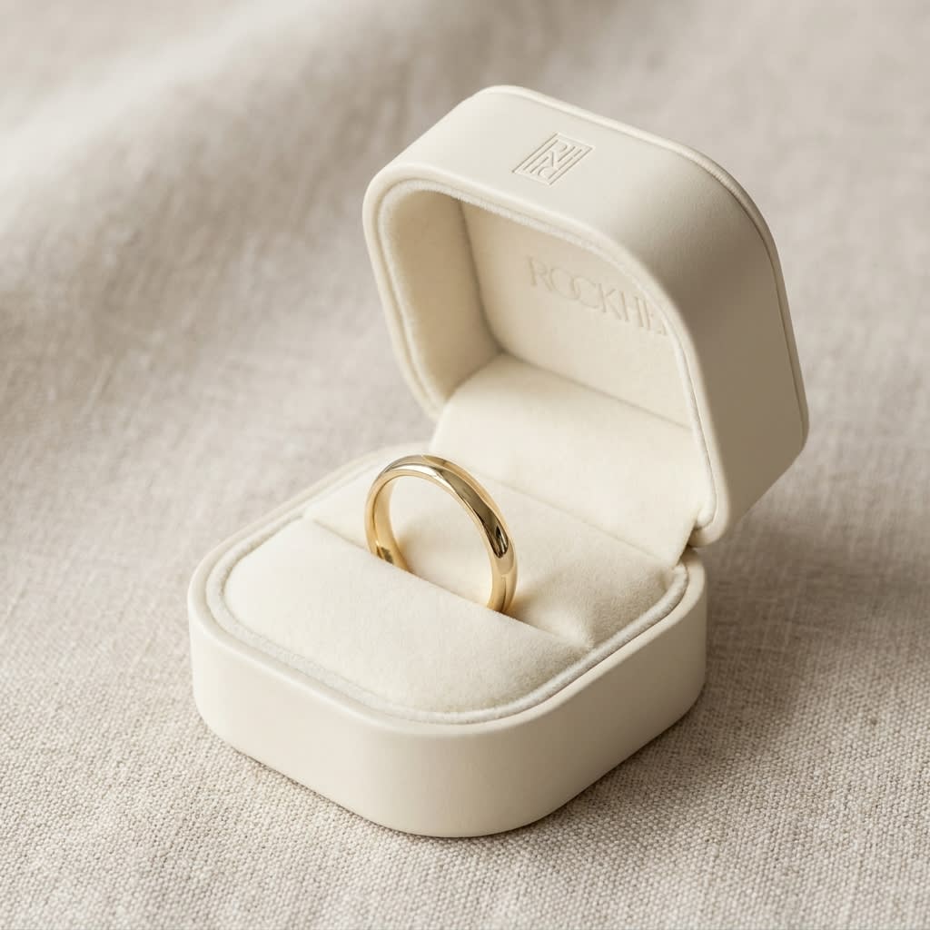 3mm Slightly Domed Comfort-Fit Wedding Band in 14K Yellow Gold, in navy velvet jewelry box