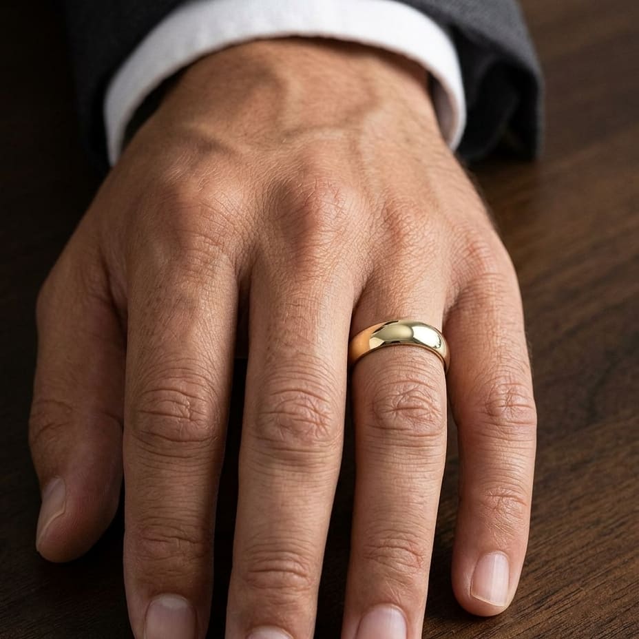 5mm Slightly Domed Comfort-Fit Wedding Band in 14K Yellow Gold, worn on hand, masculine close-up