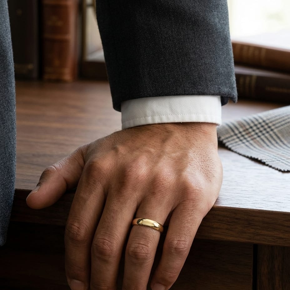5mm Slightly Domed Comfort-Fit Wedding Band in 14K Yellow Gold, worn on hand, masculine full view