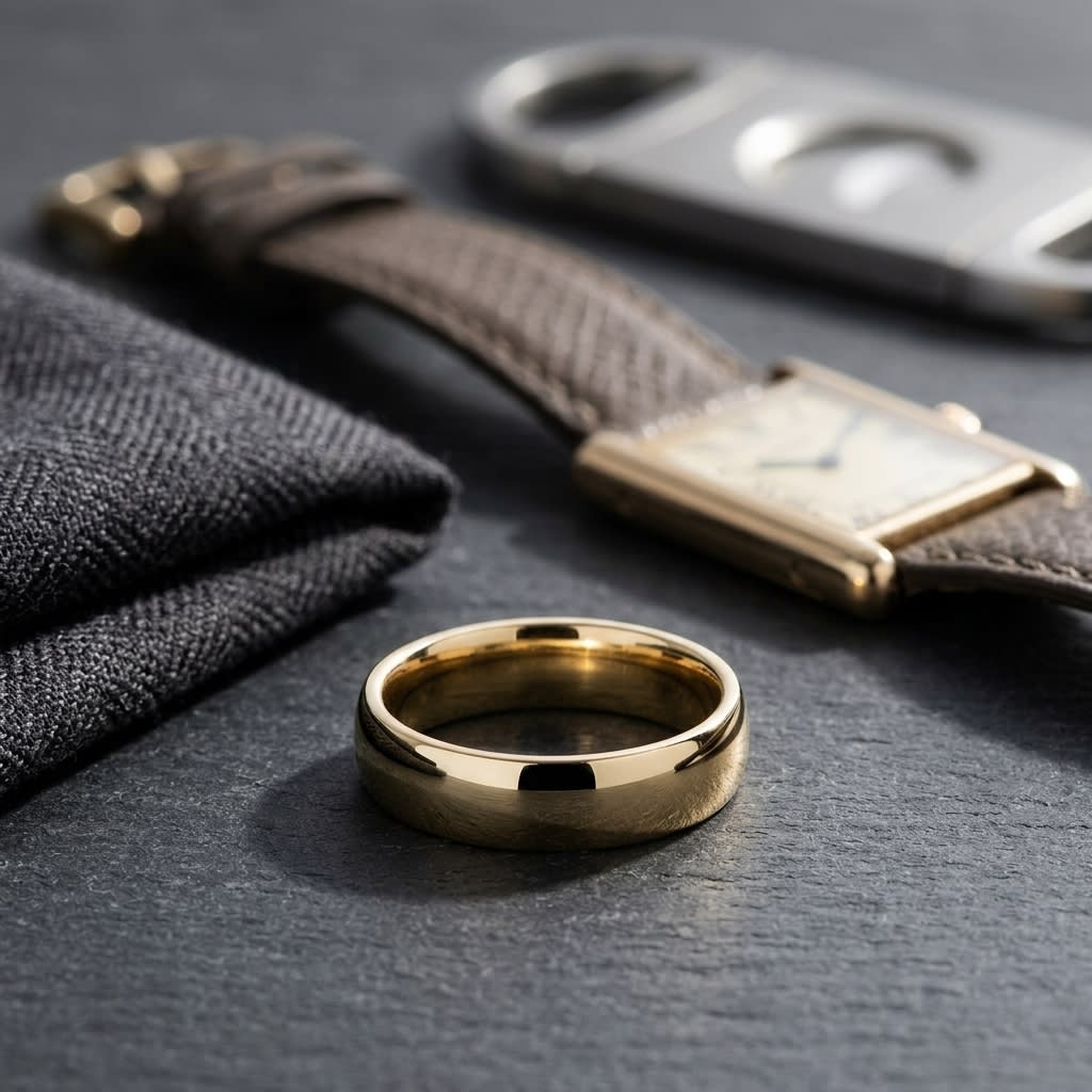 5mm Slightly Domed Comfort-Fit Wedding Band in 14K Yellow Gold, on walnut surface with pocket square